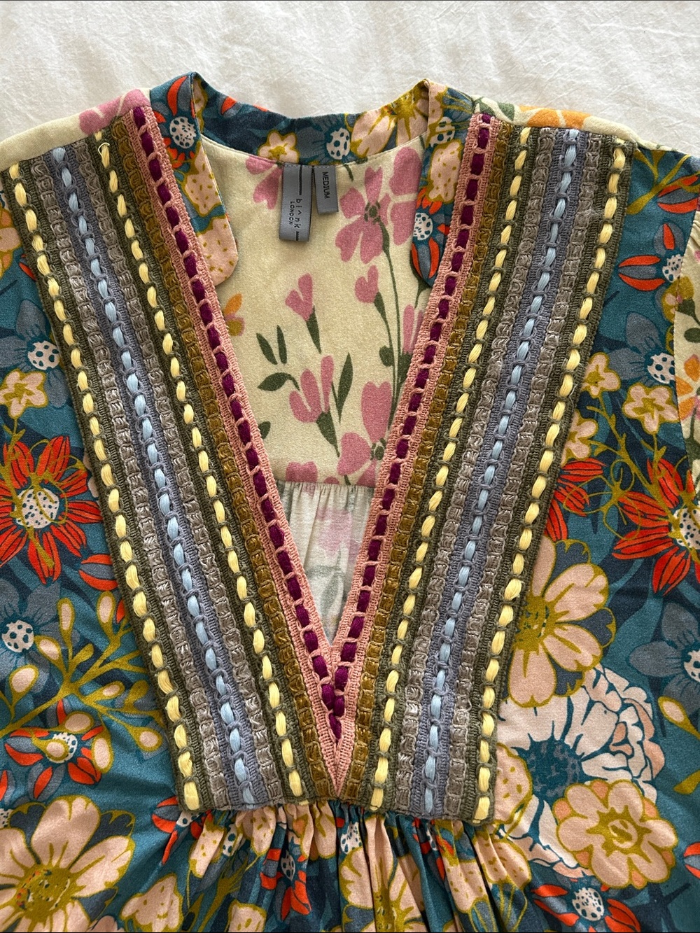 Blank London Boho Floral V-Neck Tunic in Blue and Cream - Picture 3 of 5